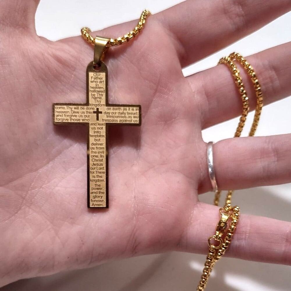 Gold Cross Necklace Lords Prayer Jesus Christian Christmas